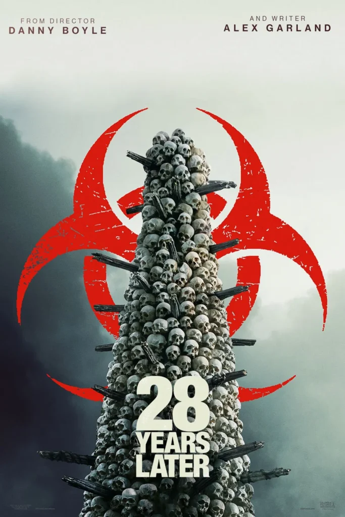 mountain of skulls with rage virus logo behind movie poster for 2025 film 28 Years Later