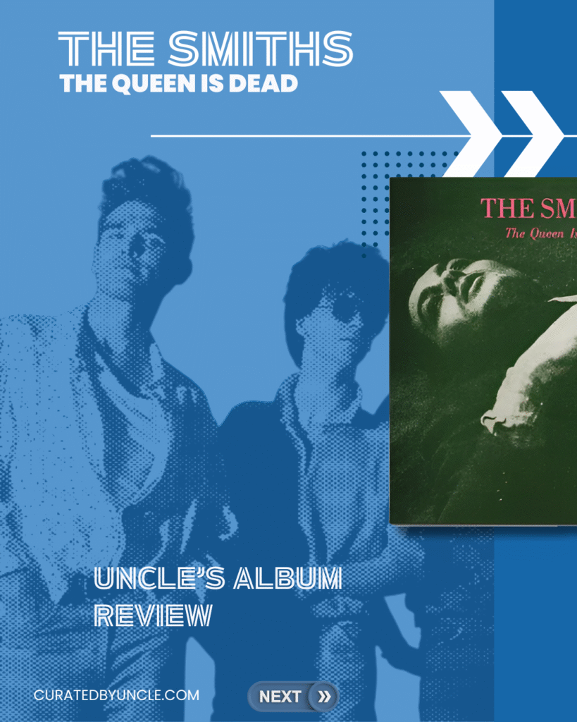 stylised image of morrissey and johnny marr from the smiths with the album cover for the queen is dead