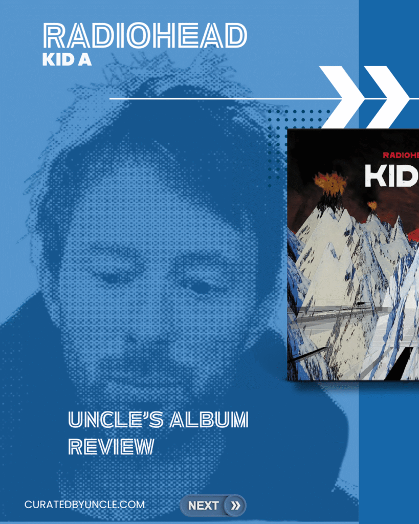 stylised image of Thom Yorke from radiohead with the album cover for kid a