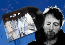 Radiohead | Kid A | 2000: The Soundtrack to Humanity’s Inevitable Collapse image of thom yorke from radiohead with the vinyl album cover for kid a overlaid