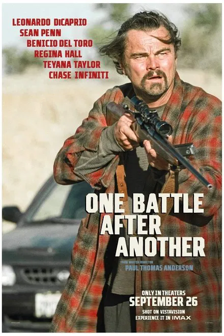 image of leonardo dicaprio on the movie poster for one battle after another 2025
