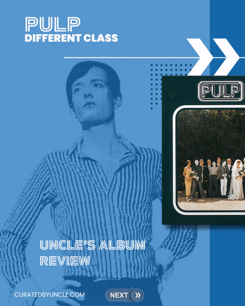 stylised image of jarvis cocker from the band pulp with the album cover for different class