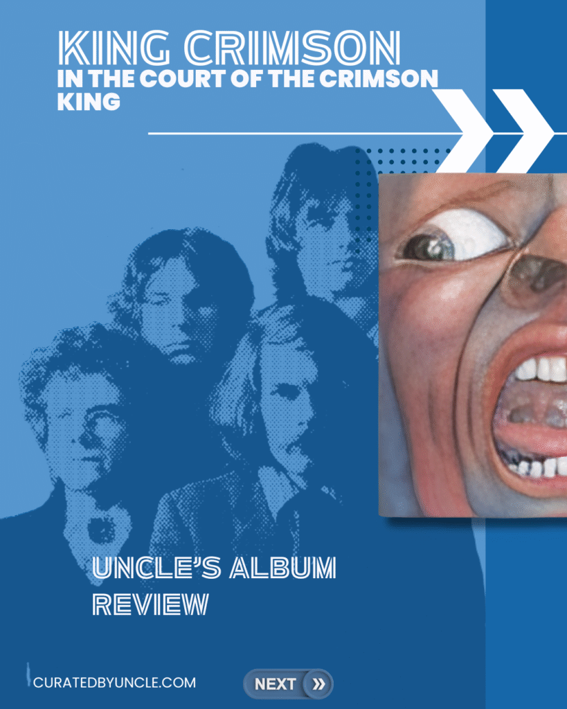stylised image of the band king crimson with the album cover for in the court of the crimson king