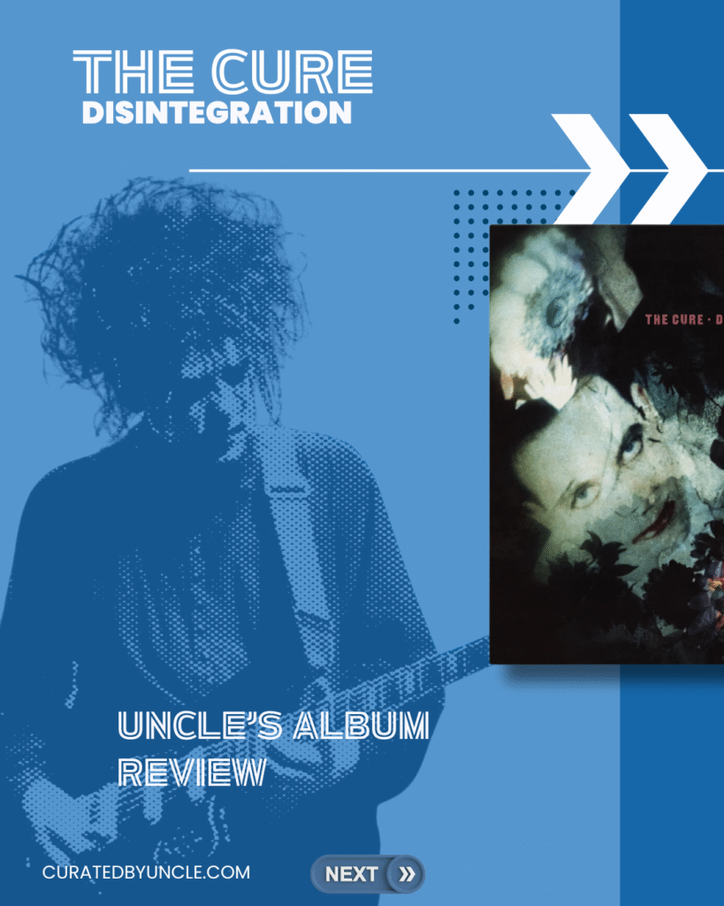 stylised image of Robert smith from the cure with the album cover for disintegration 