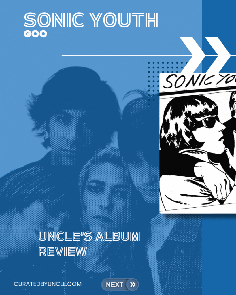 stylised image of sonic youth with the album cover for the album goo