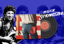 Bruce Springsteen | Born In The U.S.A | 1984: Red, White and Bruised stylised image of bruce Springsteen from the band hole with the vinyl album cover for born in the u.s.a