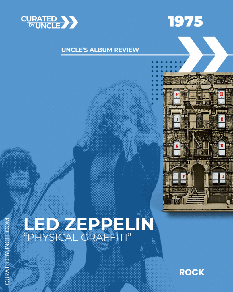 stylised image of robert plant and jimmy page from the band led zeppelin with the album cover for the album physical graffiti